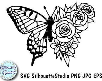 BUTTEFLIY in SVG, Floral butterfly, Roses,Flowers svg, Spring, Butterfly silhouette, Paper cut template, Svg files for cricut and silhouette