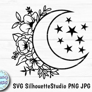 LUNE FLORAL en SVG, fleurs, décoration florale, demi-lune, nuit, étoiles, modèle en papier découpé, fichiers Svg pour cricut et silhouette