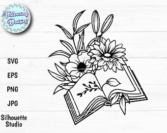 BOOK decorated with FLOWERS in SVG, Floral, Reading, Flowers, Book lover, Svg files for cricut and silhouette, Paper cut template
