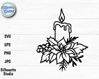 CHRISTMAS CANDLE in SVG, Christmas decorations, Floral candle svg, Christmas ornament svg, Poinsettia, Svg files for Cricut and Silhouette