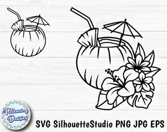 COCONUT cocktail and tropical FLOWERS in SVG, Summer, Beach, Holidays, Floral, Svg files for cricut and silhouette, Paper cut template
