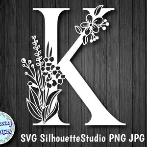 LETTRE FLORALE K en Svg, initiale décorative, modèle en papier découpé, téléchargement immédiat, Svg pour Cricut et Silhouette