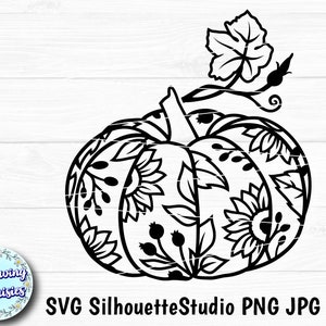 カボチャとひまわり SVG nº2、ハロウィン、感謝祭、秋、秋の装飾、切り絵テンプレート、クリカットとシルエットのカットファイル