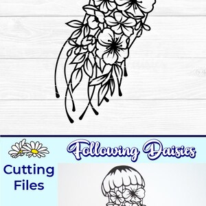 May include: Black and white digital download of a jellyfish with flowers. The jellyfish is outlined and has a bell shape with flowers inside. The tentacles are long and flowing. The text "Following Daisies" is at the top of the image.
