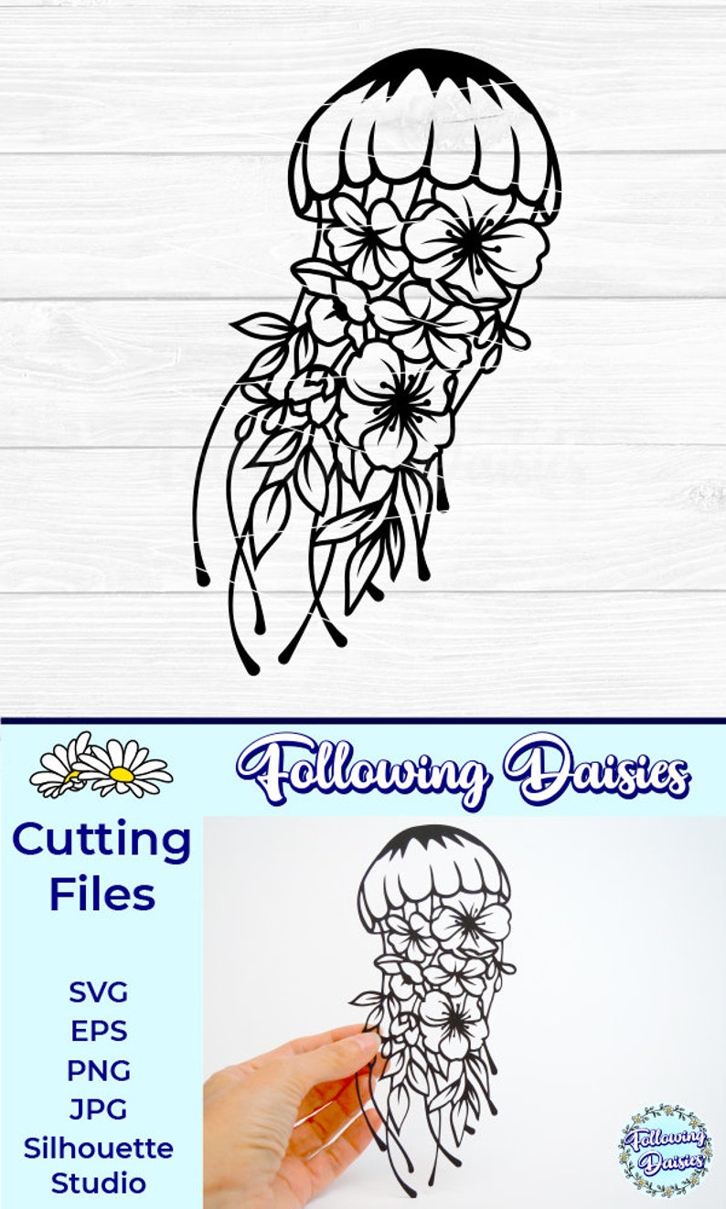 May include: Black and white digital download of a jellyfish with flowers. The jellyfish is outlined and has a bell shape with flowers inside. The tentacles are long and flowing. The text "Following Daisies" is at the top of the image.