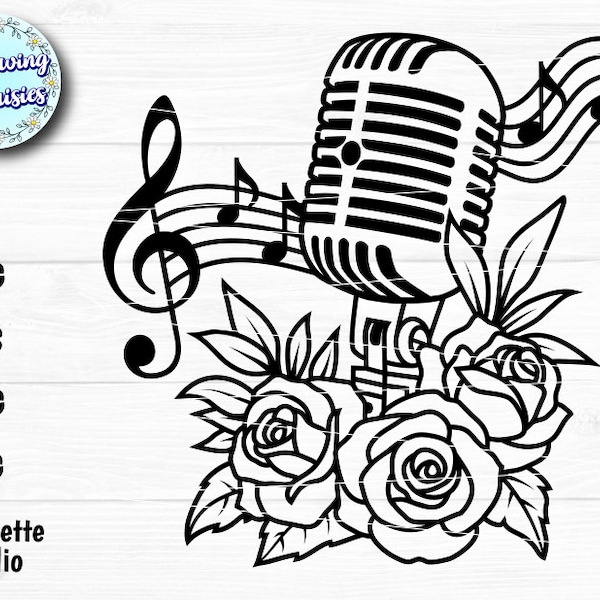 VINTAGE MICROPHONE in SVG, Floral microphone, Music, Flowers, Musical notes, Svg files for cricut and silhouette, Paper cut template
