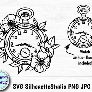 SVG の花柄懐中時計、時計のシルエット、花、ビンテージ時計、クリカットとシルエット用の SVG ファイル、ペーパーカット テンプレート