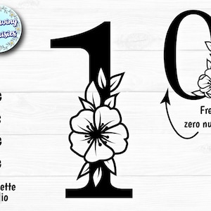 SVG の数字 1、花の数字、数字 0、数字 10、記念日、誕生日、切り絵テンプレート、クリカットとシルエット用の SVG ファイル