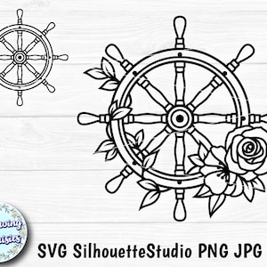 May include: Black and white line art design of a ship's wheel with a rose and leaves. The design is perfect for crafting projects, such as cutting, etching, or engraving.
