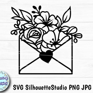 SOBRE con FLORES y corazon en SVG, Flores, Sobre floral, Amor, San valentín, Aniversario, Archivos en svg para cricut y silhouette