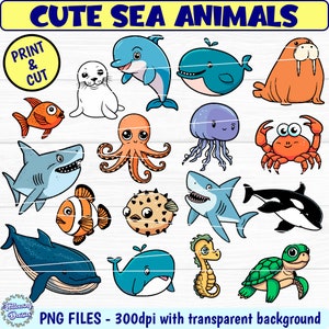 ANIMAUX MARINS PNG, Impression et découpe, Stickers png, Animaux marins png, Animaux marins mignons png, Animaux marins de dessin animé png, Créatures océaniques png