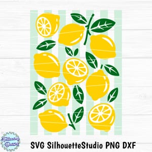 May include: A digital graphic design featuring a pattern of bright yellow lemons and green leaves arranged over a background of vertical light mint green stripes. The lemons are depicted both whole and sliced in half, showcasing interior segments.