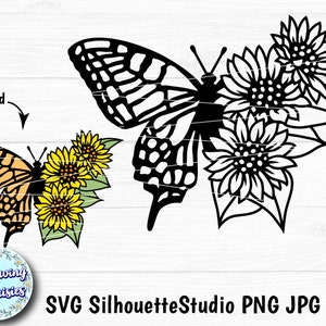 BUTTEFLIY en SVG, Papillon floral, Tournesols, Fleurs svg, Silhouette papillon, Modèle découpé en papier, fichiers Svg pour cricut et silhouette