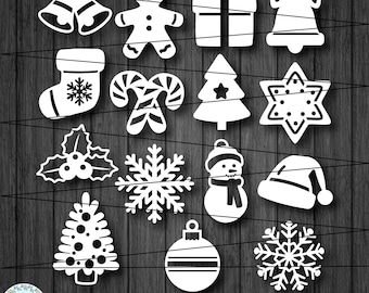 KERSTBUNDEL in SVG-indeling, 15 kerstornamenten, kerstversiering, papier gesneden sjabloon, Svg-bestanden voor cricut en silhouette