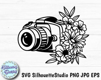 Fotokamera verziert mit BLUMEN in SVG, Fotografie, Blumen, Fotograf, SVG-Dateien für Cricut und Silhouette, Schnittvorlagen
