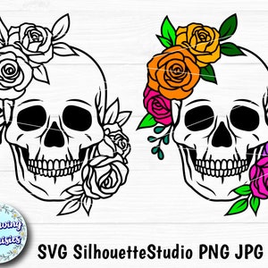 Totenkopf verziert mit BLUMEN in SVG, Rosen, Mexiko, Halloween, Gothic, Blumenschädel, Totenkopf, Schnittfeilen für Cricut und Silhouette