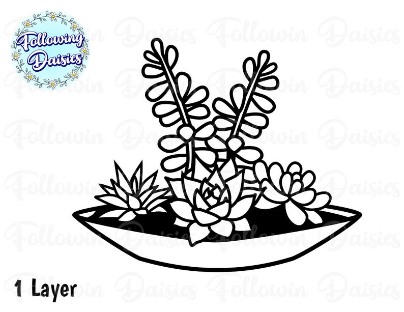 May include: Black and white line art of a succulent arrangement in a shallow, oval-shaped planter. The arrangement includes various succulent types, with the text "1 Layer" at the bottom. The top left corner features a circular logo with the text "Following Daisies".