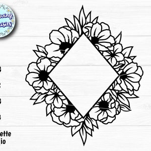 Puede incluir: Silueta en blanco y negro de un marco de diamante con diseños florales. El marco está rodeado de flores estilizadas con pétalos redondeados.