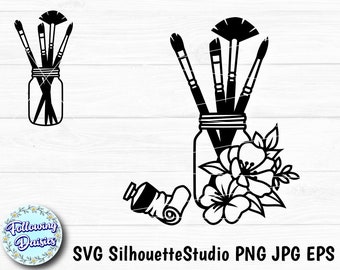 PAINT BRUSHES SVG, Floral jar with paint brushes, Painting, Painter, Floral, Hobby, Svg files for cricut and silhouette, Paper cut template
