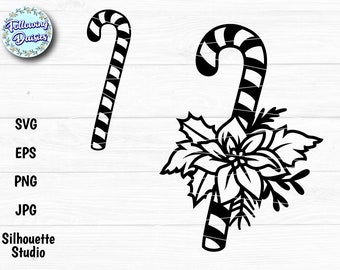 CANDY CANE in SVG, Christmas decorations, Candy cane with poinsettia, Christmas ornaments, Poinsettia, Svg files for Cricut and Silhouette