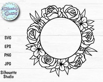May include: Black and white floral wreath design with roses and other flowers, surrounding a blank circle. The image includes the text "Following Daisies" and file type options: SVG, EPS, PNG, JPG, and Silhouette Studio.