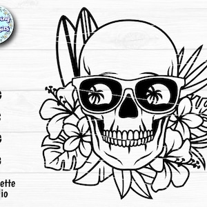TROPICAL SKULL SVG, Surfer, Surf board, Summer, Beach, Surfing, Tropical flowers, Svg files for cricut and silhouette, Paper cut template