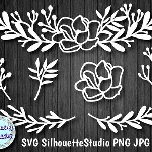 May include: A set of white floral SVG cut files, including a wreath, individual flowers, and branches. The files are perfect for crafting projects, such as cards, invitations, and home decor.
