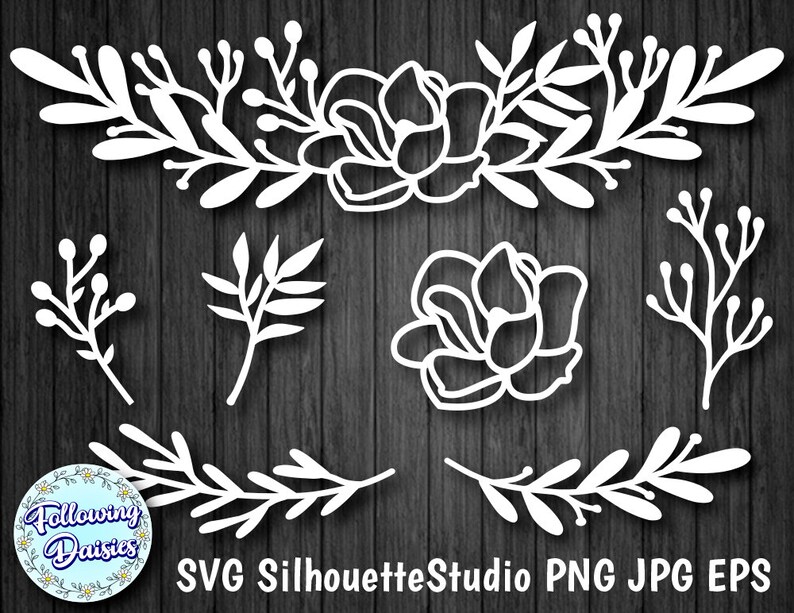 May include: A set of white floral SVG cut files, including a wreath, individual flowers, and branches. The files are perfect for crafting projects, such as cards, invitations, and home decor.