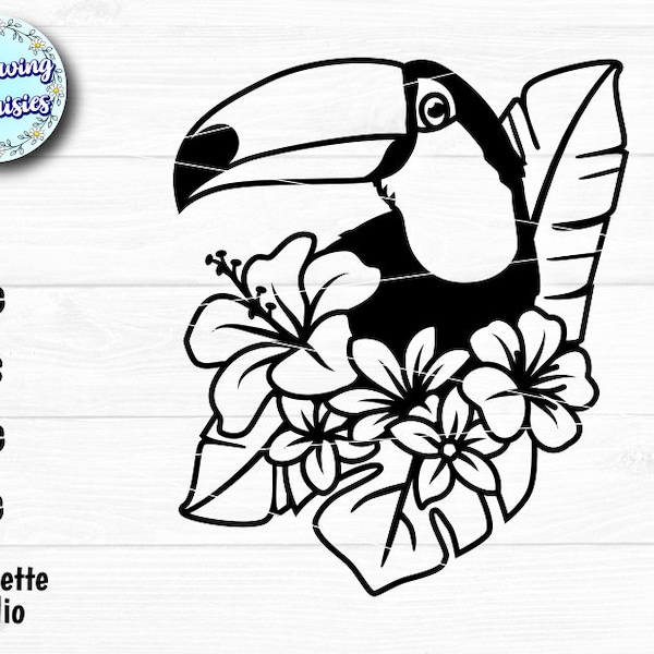 TOUCAN verziert mit BLUMEN in SVG, Tukansilhouette, Tropische Blumen, Vögel, Vogel, Schnittfeilen für Cricut und Silhouette