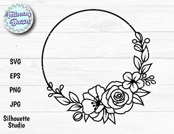 Wreath SVG, outline rose flower frame, round floral frame.