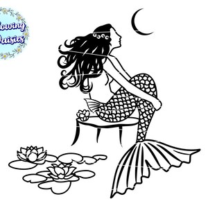 May include: Black and white silhouette of a mermaid sitting on a rock with a crescent moon above her. She has long flowing hair and a fishtail. There are water lilies in the water below her.