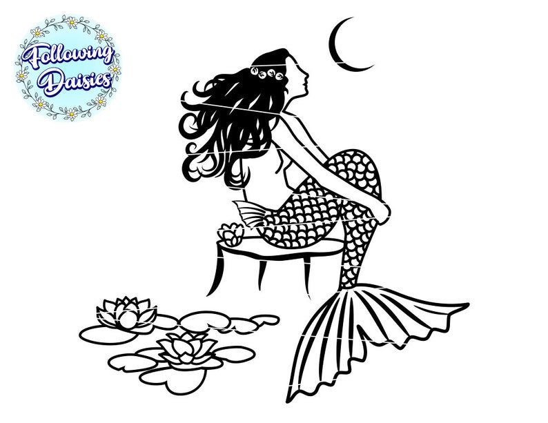 May include: Black and white silhouette of a mermaid sitting on a rock with a crescent moon above her. She has long flowing hair and a fishtail. There are water lilies in the water below her.