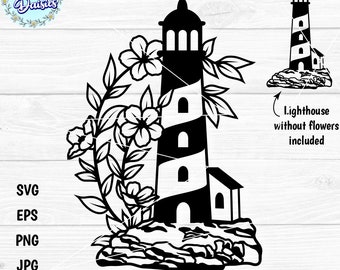 LIGHTHOUSE and FLOWERS in SVG, Lighthouse silhouette, Ocean, Summer, Svg files for cricut and silhouette, Paper cut template