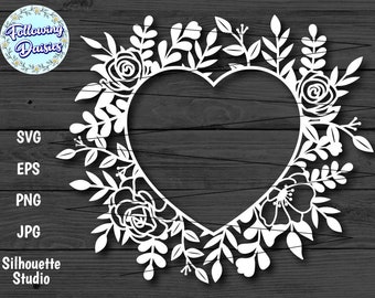 FLOWER HEART in SVG, Heart decorated with flowers, Heart Silhouette, Paper cut template, Svg files for cricut and silhouette