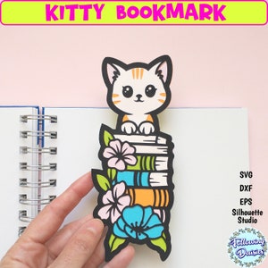 KITTY BOOKMARK SVG, Cricut bladwijzer svg, gelaagde gesneden bestand, Floral bladwijzer svg, boekenliefhebbers svg-bestanden, Svg-bestanden voor Cricut en Silhouette