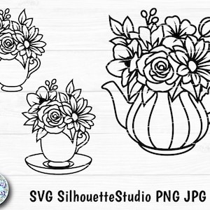 FLORAL TEAPOT SVG, Teacup svg, Floral teacup svg, Teatime, Teapot with flowers, Svg files for cricut and silhouette, Paper cut template