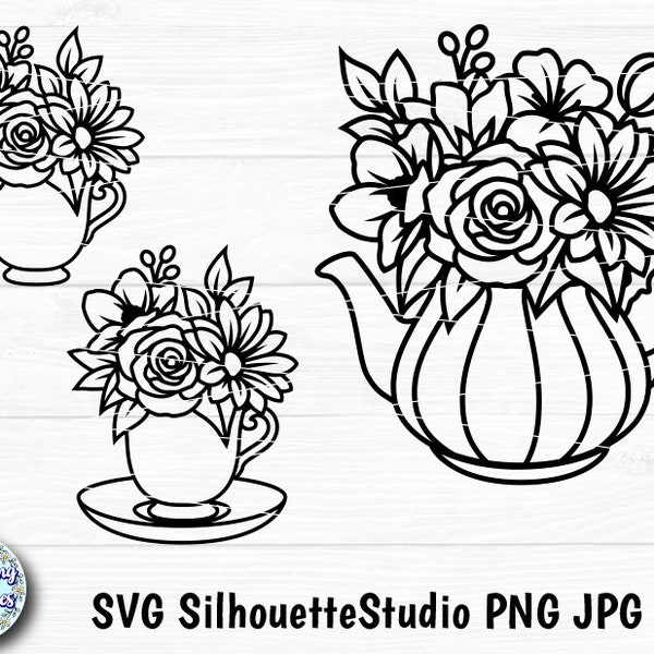 FLORAL TEAPOT SVG, Teacup svg, Floral teacup svg, Teatime, Teapot with flowers, Svg files for cricut and silhouette, Paper cut template