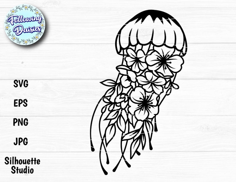May include: Black and white line art illustration of a jellyfish with flowers. The jellyfish has a bell-shaped head and tentacles with flowers.