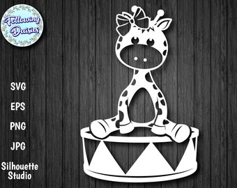 May include: A white silhouette of a giraffe with a bow on its head sitting on a white circus tent. The giraffe has black spots and is sitting on its hind legs with its front legs outstretched.