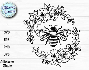 BEE in SVG, Floral wreath, Floral bee, Bumble bee, Monogram wreath, Save the bees, Paper cut template, Svg files for cricut and silhouette