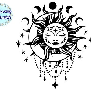 K&ouml;nnte beinhalten: Schwarz-wei&szlig;-Illustration einer Sonne mit einem Gesicht mit geschlossenen Augen und einem zunehmenden Mond. Die Sonne hat eine Perlenkette mit tropfenf&ouml;rmigen Anh&auml;ngern, die von ihr herabh&auml;ngen.