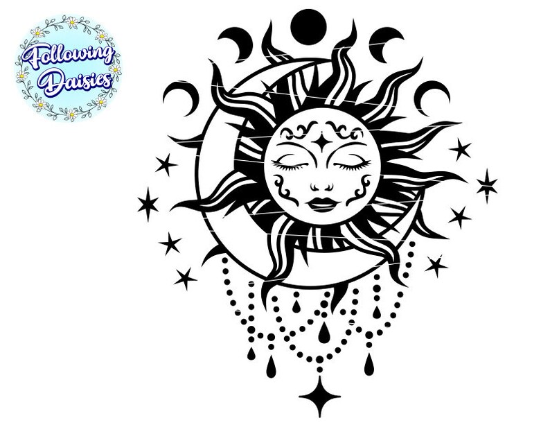 K&ouml;nnte beinhalten: Schwarz-wei&szlig;-Illustration einer Sonne mit einem Gesicht mit geschlossenen Augen und einem zunehmenden Mond. Die Sonne hat eine Perlenkette mit tropfenf&ouml;rmigen Anh&auml;ngern, die von ihr herabh&auml;ngen.