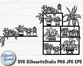 PIANTE su uno SCAFFALE in SVG, Piante in vaso, Piante da appartamento, Cactus, Giardinaggio, Piante grasse, Modello di taglio della carta, File SVG per cricut e silhouette