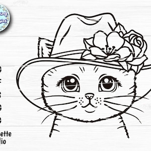 CAT SVG, Cappello da cowboy in formato SVG, Faccia di gatto in formato SVG, File in formato SVG di gatto per cricut, Gatto carino in formato SVG, Gatto in formato SVG per camicia, File in formato Svg per cricut e silhouette