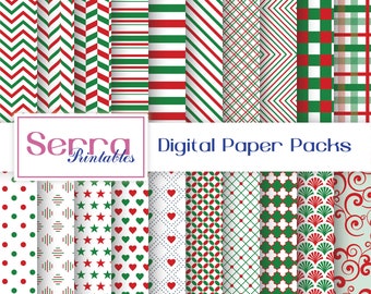 May include: A digital paper pack with 18 different Christmas themed patterns. The patterns include red and green stripes, polka dots, stars, hearts, and more. The pack is perfect for scrapbooking, card making, and other craft projects.