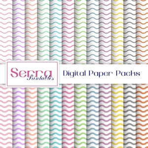 May include: A digital paper pack with 20 different wavy striped patterns in various colors, including purple, pink, blue, green, yellow, and gray. The text "Serra Printables" and "Digital Paper Packs" is visible on the image.