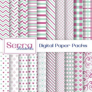 Seamless Mint and Pink Basic Patterns, Seamless Mint and Pink Digital paper, Seamless Mint and Pink Basic Textures
