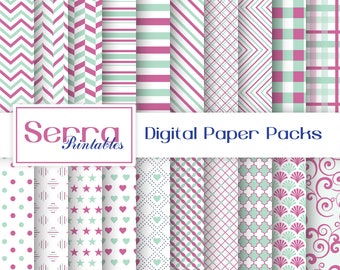 Naadloze mint en roze basispatronen, naadloze mint en roze digitale papier, naadloze mint en roze basis texturen