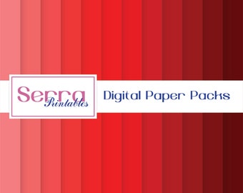 May include: Digital paper packs in shades of red. The image shows a gradient of red hues, from light pink to deep burgundy, arranged in vertical stripes. The text "Serra Printables" and "Digital Paper Packs" are displayed on a white rectangular banner.