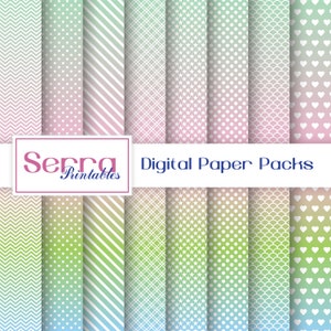 May include: A digital paper pack with 10 different patterns in pastel colors. The patterns include chevron, polka dots, stripes, stars, and hearts. The text "Serra Printables" and "Digital Paper Packs" is included in the image.
